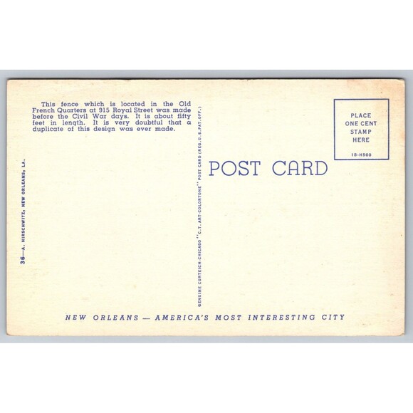 Postcard Louisiana New Orleans Corn Fence Old French Quarter Linen c1940s VTG LA - Picture 2 of 2